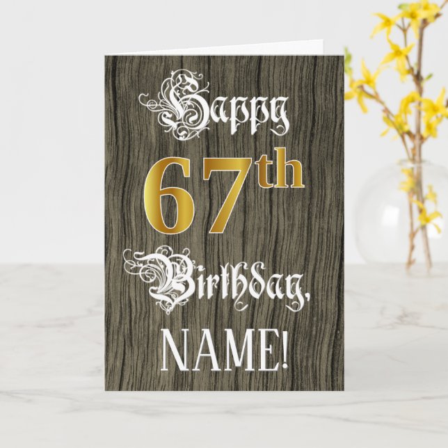 Carte 67e anniversaire : Faux Gold Look + Faux Wood Moti (Fleur jaune)