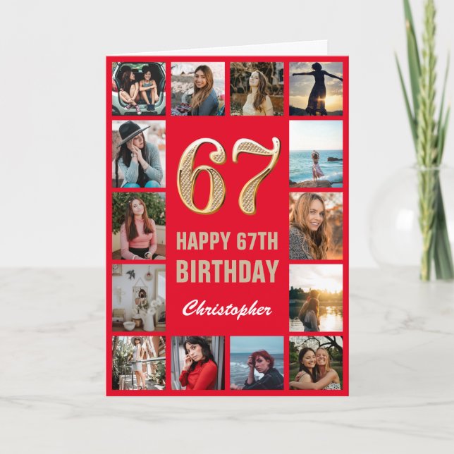 Carte 67e Joyeux Anniversaire Collage photo rouge et or (Devant)