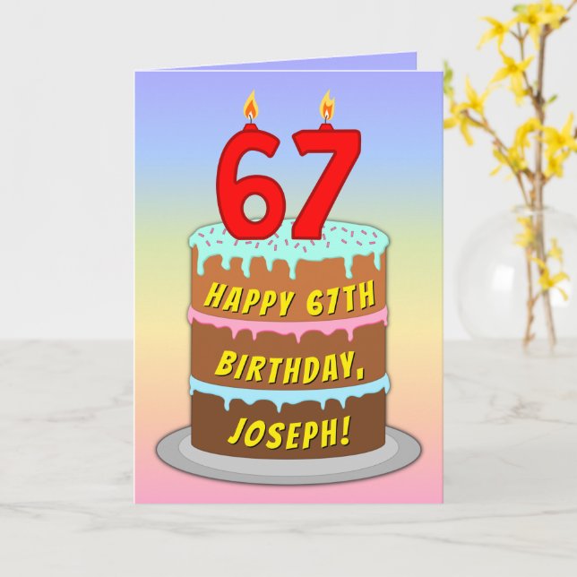 Carte 67th Birthday — Fun Cake & Candles, w/ Custom Name (Fleur jaune)
