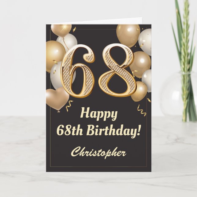 Carte 68e anniversaire Ballons Noir et Or Confetti (Devant)