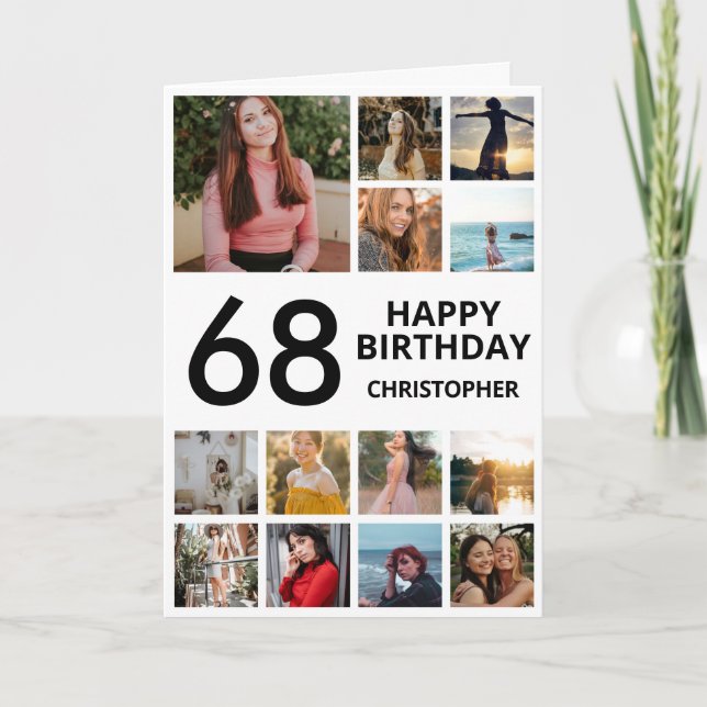 Carte 68e anniversaire Collage photo 13 photos noir blan (Devant)