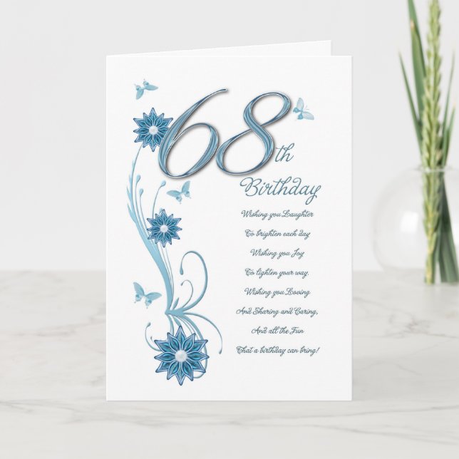 Carte 68e anniversaire en turquoise avec fleurs et papil (Devant)