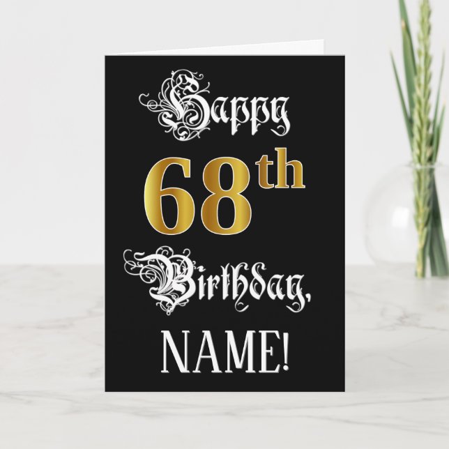 Carte 68e anniversaire — Script fantaisie; look or Faux; (Devant)