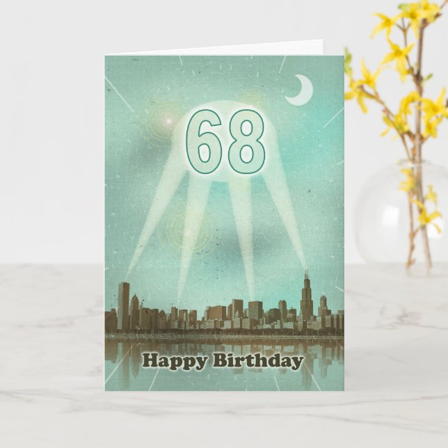 Carte 68e anniversaire Ville et projecteurs (Fleur jaune)