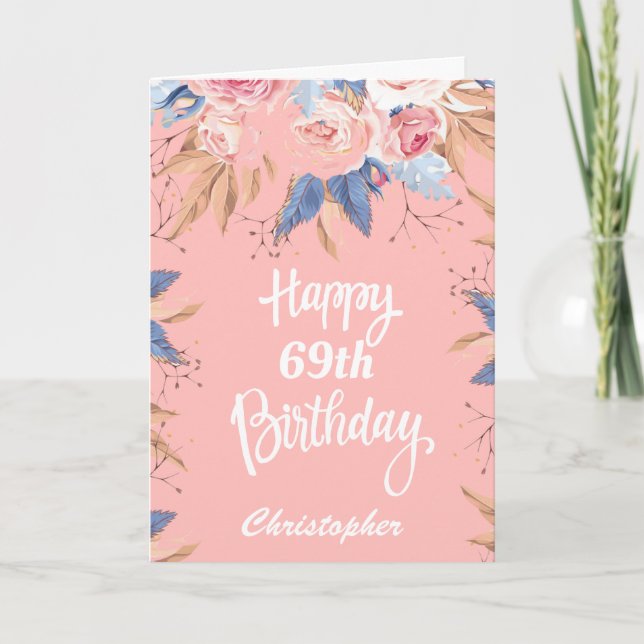 Carte 69e anniversaire Aquarelle Botanique Rose Floral (Devant)