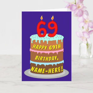 Carte 69e anniversaire : Fun Cake and Candles + Nom pers