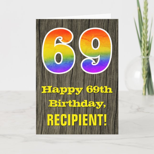 Carte 69e anniversaire : Rustic Faux Wood Look, Arc-en-c (Devant)