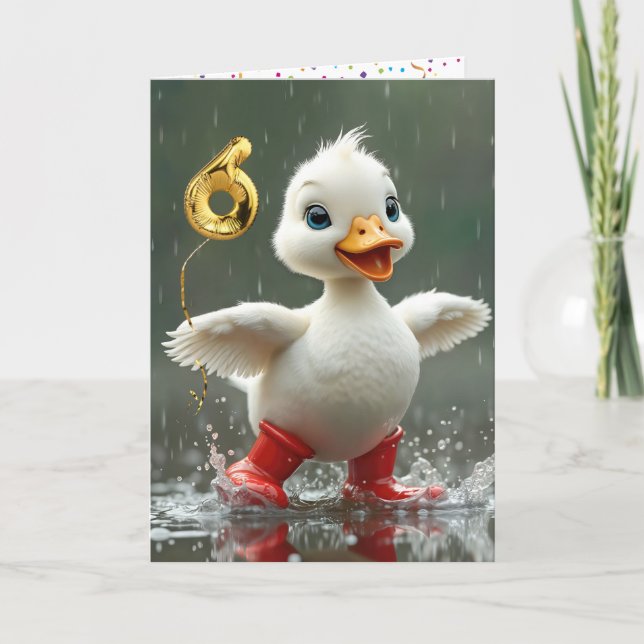 Carte 6 Anniversaire Canard blanc dans une flaque de plu (Devant)