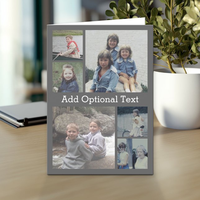 Carte 6 Photo Collage Optional Text - CAN Edit grey (Custom Personalized Greeting Card)