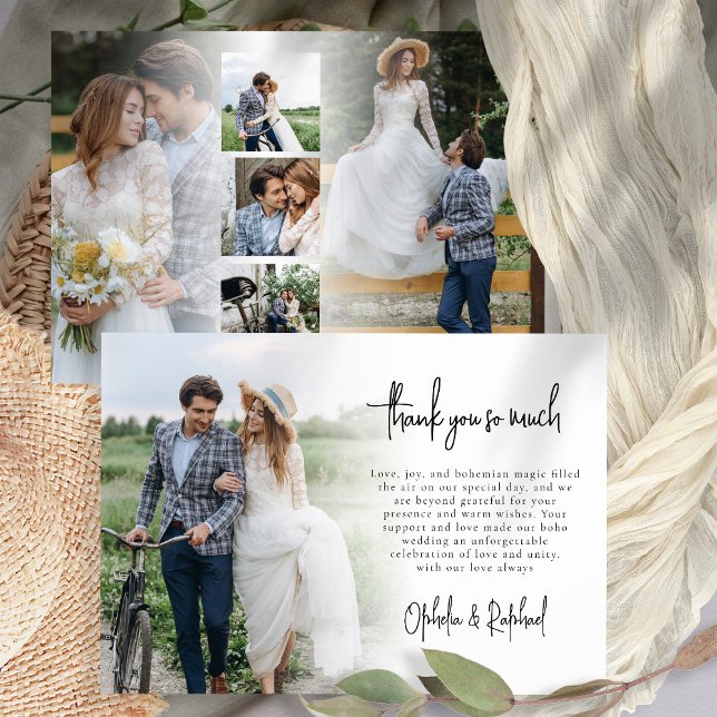 Carte 6 Photo Newlyweed Script Boho Mariage Merci (Front and back view )