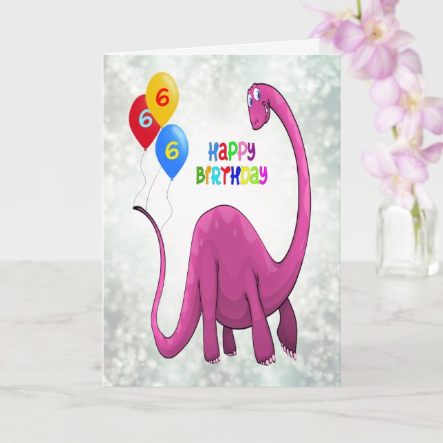 Carte 6e anniversaire Dinosaur et Ballons (Orchidée)