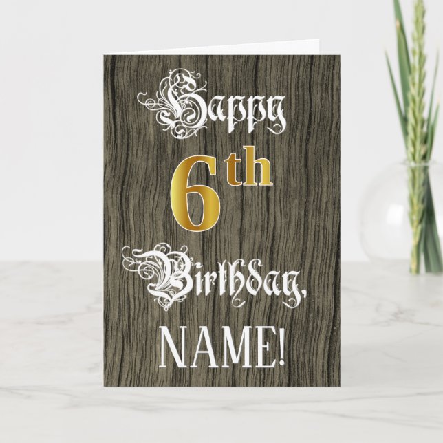 Carte 6e anniversaire : Faux Gold Look + Faux Wood Motif (Devant)