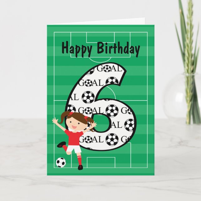 Carte 6e anniversaire Fille de football rouge et blanc 1 (Devant)