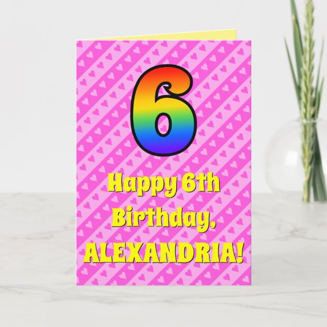 Carte 6e anniversaire : Pink Stripes & Hearts, Rainbow # (Devant)