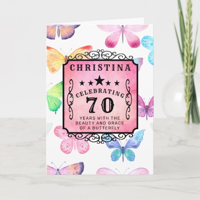 Carte 70e anniversaire Aquarelle rose papillon Salutatio (Devant)