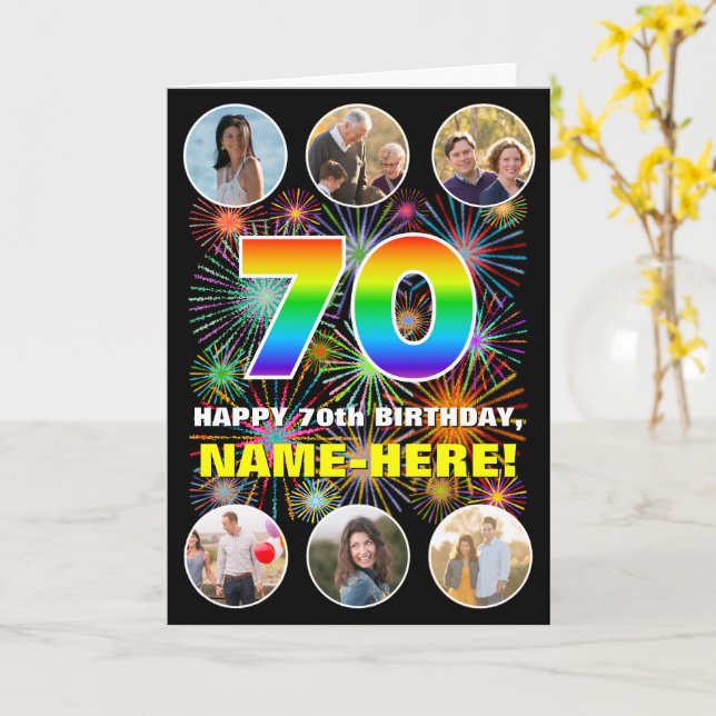Carte 70e anniversaire : Arc en ciel amusant #, Nom pers (Fleur jaune)