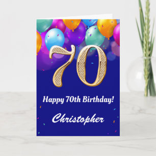 Carte 70e Anniversaire Ballons bleu et or couleur marine