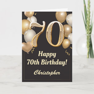Carte 70e anniversaire Ballons Noir et Or Confetti