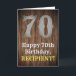 Carte 70e anniversaire : Country Western Inspecred Look<br><div class="desc">This American Wild West Inspecred and country inspecthday-birthday-themed greeting card designs a large rustic inspecred number "70", the message "Happy 70th Birthday", a customizable name, et a/imitation wood wood grain inspecred style background. The inside has an editable birthday birthday greeting message, or could perhaps be cleared and left blank if...</div>