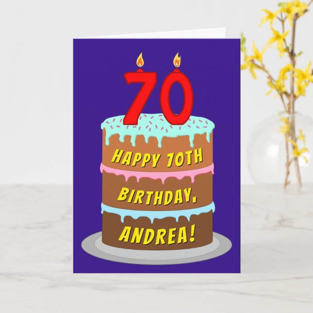 Carte 70e anniversaire : Fun Cake and Candles + Nom pers (Fleur jaune)