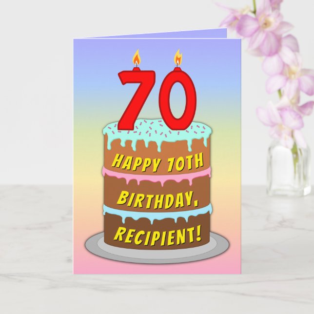 Carte 70e anniversaire — Fun Cake & Candles, avec nom pe (Orchidée)