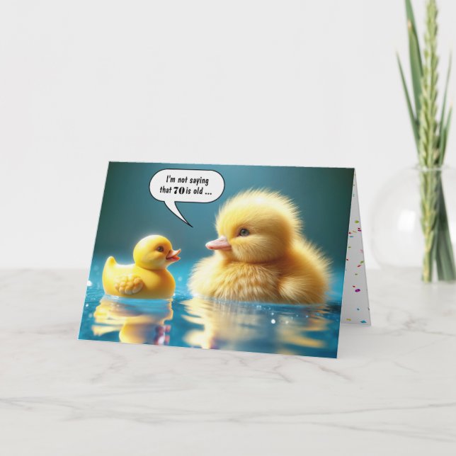 Carte 70e anniversaire Jaune Canard de jouet avec canard (Devant)