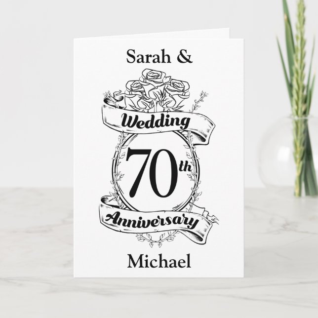 Carte 70e anniversaire Mariage Fleurs Noir et blanc (Devant)