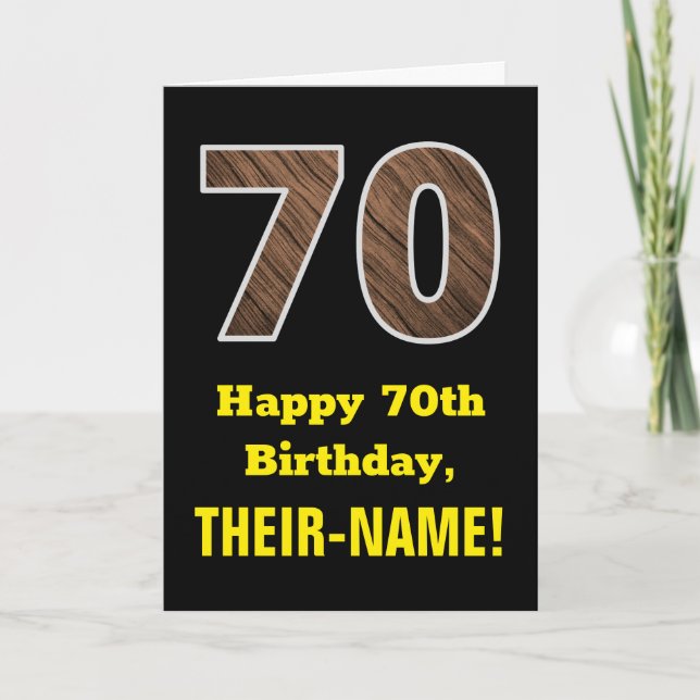 Carte 70e anniversaire : Nom, Faux Wood Grain Motif "70" (Devant)