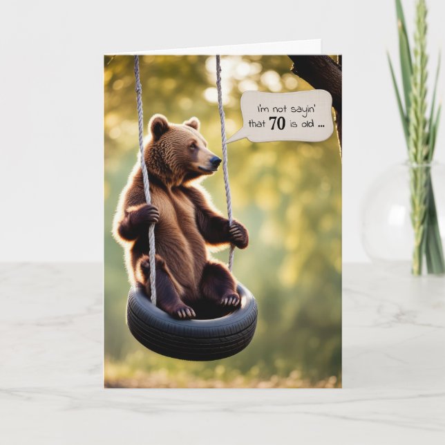 Carte 70e anniversaire Ours sur un pneu coudre (Devant)