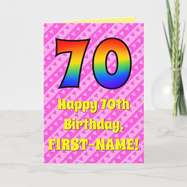 Carte 70e anniversaire : Pink Stripes & Hearts, Rainbow  (Devant)