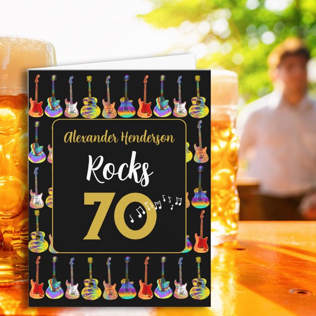 Carte 70e anniversaire Rock and Roll Guitare ajoute Nom (70th birthday rock and roll guitar personalized rocks 70 black and gold greeting card)