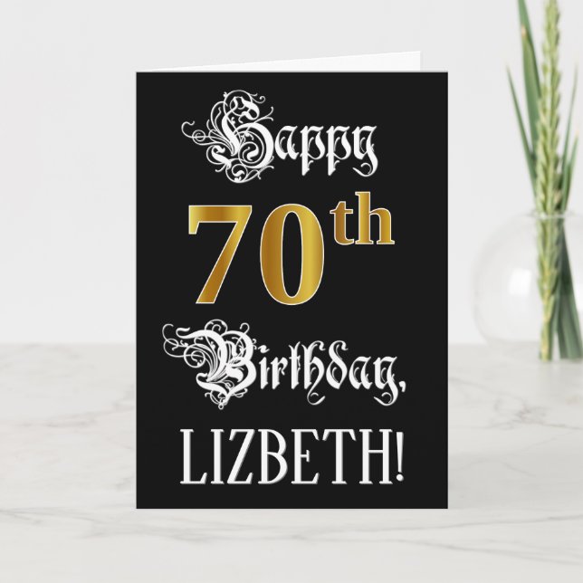 Carte 70e anniversaire — Script fantaisie; look or Faux; (Devant)
