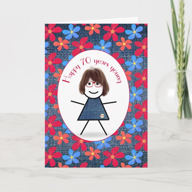 Carte 70e Anniversaire Stick Girl and Daisies On Denim (Devant)