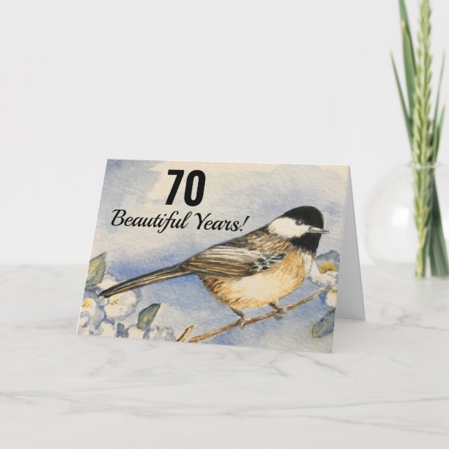 Carte 70e Belle année Anniversaire de chickadee Aquarell (Devant)