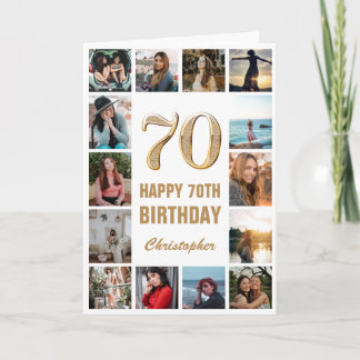 Carte 70e Joyeux Anniversaire Collage photo d'or et blan