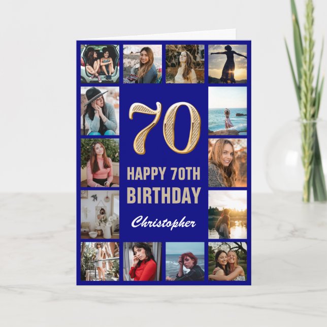 Carte 70e Joyeux Anniversaire Marine Bleu & Gold Photo C (Devant)