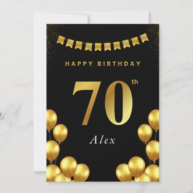 Carte 70th Birthday Card Black and Gold Balloons (Devant)