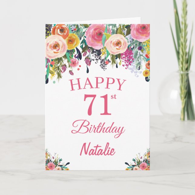 Carte 71e anniversaire Aquarelle Florale Fleurs rose car (Devant)
