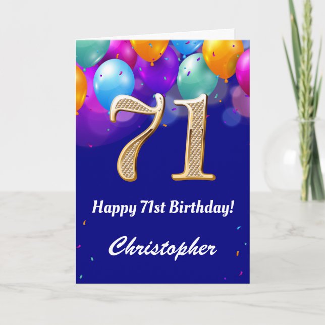 Carte 71e anniversaire Ballons bleu et or couleur marine (Devant)