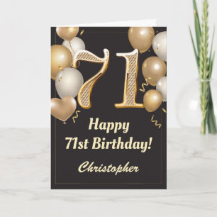 Carte 71e anniversaire Ballons Noir et Or Confetti