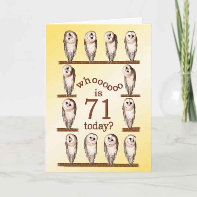 Carte 71e anniversaire, Curious owls card. (Devant)