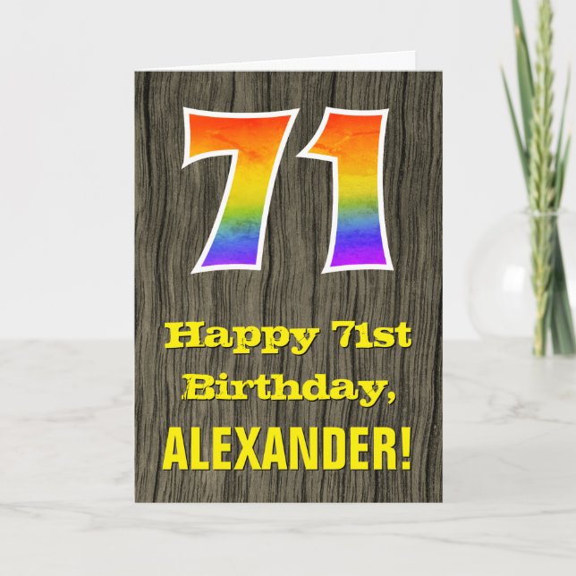 Carte 71e anniversaire : Rustic Faux Wood Look, Arc-en-c (Devant)