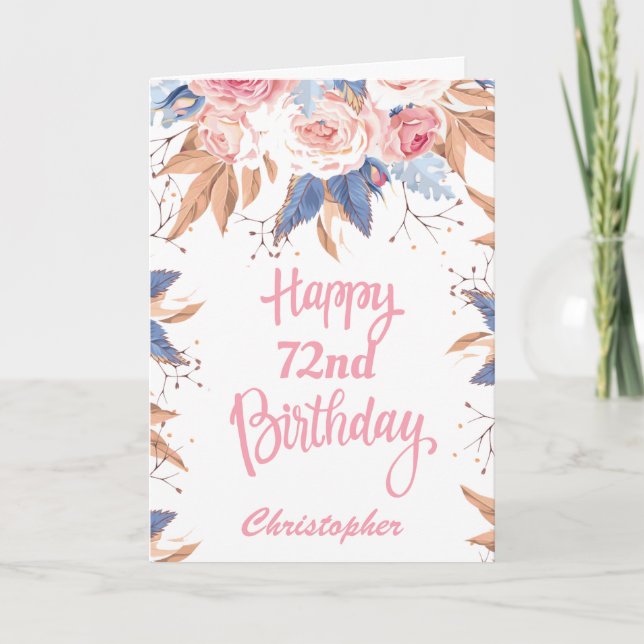 Carte 72e anniversaire Aquarelle Botanique Rose Floral (Devant)