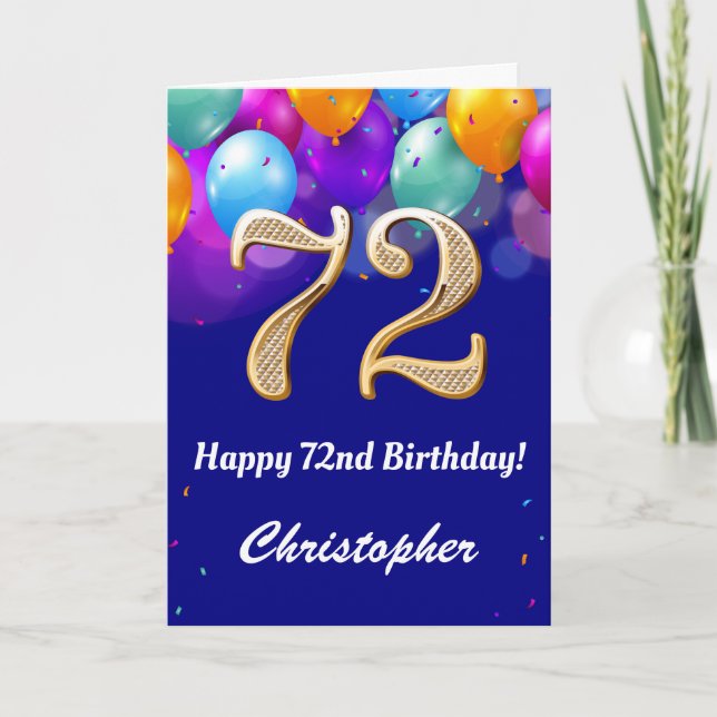Carte 72e anniversaire Ballons bleu et or couleur marine (Devant)