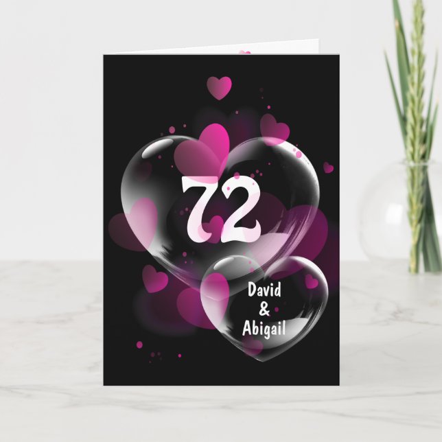 Carte 72e Anniversaire Bulles cardiaques sur Noir (Devant)