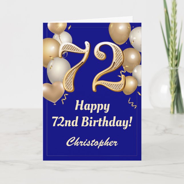 Carte 72e anniversaire Marine Bleu et Ballons d'or Confe (Devant)