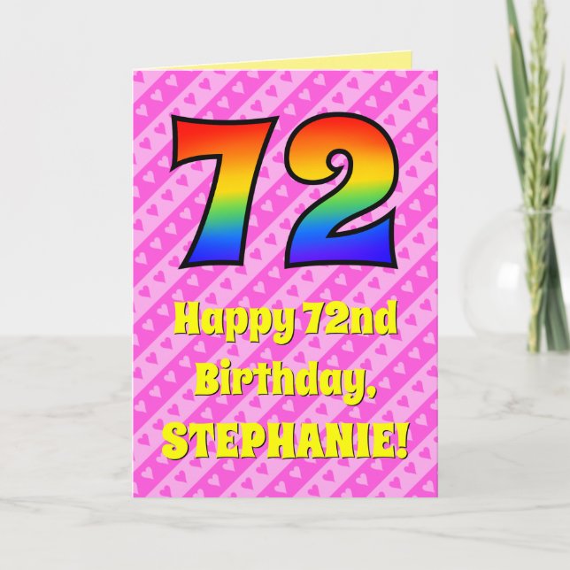 Carte 72e anniversaire : Pink Stripes & Hearts, Arc en c (Devant)