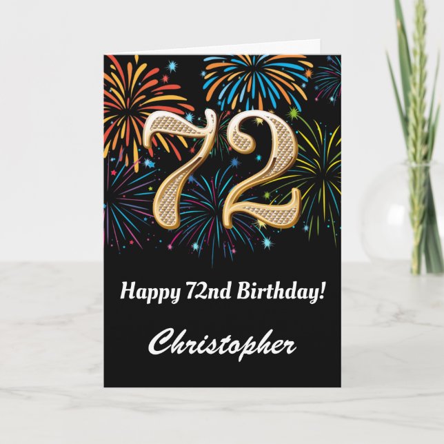 Carte 72e anniversaire Rainbow Fireworks noir et or (Devant)