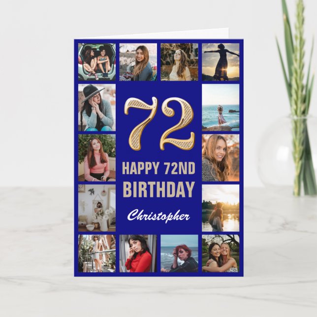Carte 72e Joyeux Anniversaire Marine Bleu & Gold Photo C (Devant)