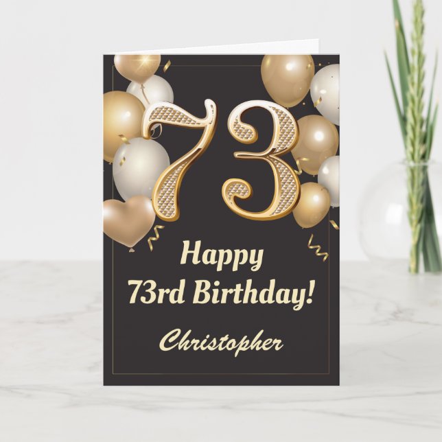 Carte 73e anniversaire Ballons Noir et Or Confetti (Devant)